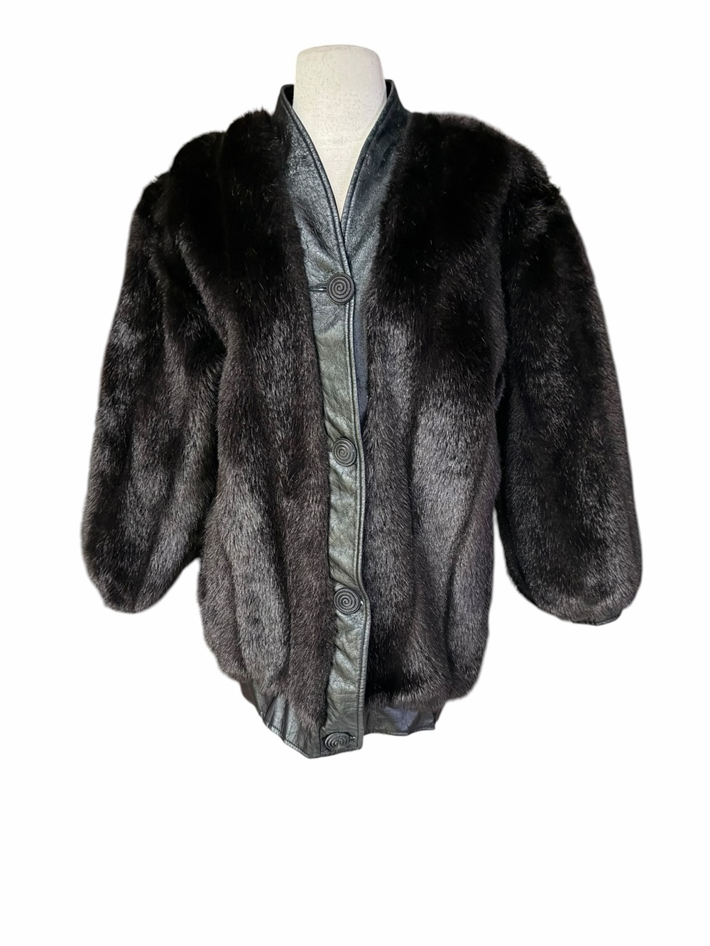 1980s‎ Monterey Fashions Faux Fur Front Button Closure & Faux Leather Trim Coat